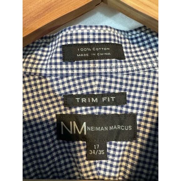 Neiman Marcus Mens Large Blue White Plaid Trim Fit Button Up Shirt 17 34/35 - Picture 5 of 11